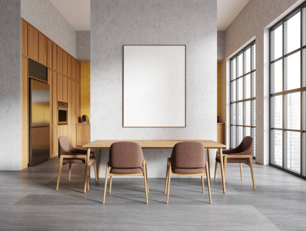 istock Modern home kitchen interior with dining and eating area, window. Mockup frame 2111523331