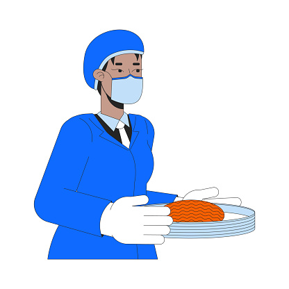Black female food technologist 2D linear cartoon character. African american technician holding plate with raw meat isolated line vector person white background. Scientist color flat spot illustration