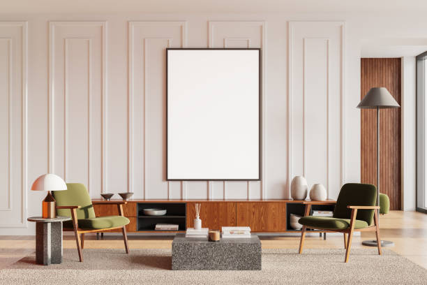 istock Stylish relax room interior with armchairs and sideboard, mockup frame 2111531827