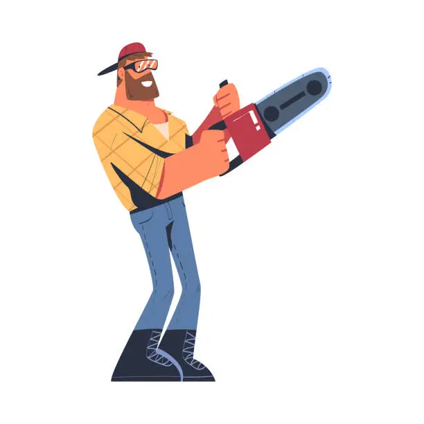 Vector illustration of Bearded Man Logger or Lumberjack in Checkered Shirt and Goggles with Saw Vector Illustration