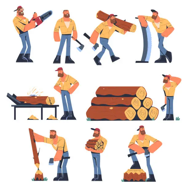 Vector illustration of Bearded Man Logger or Lumberjack Cutting Tree Trunk Vector Set