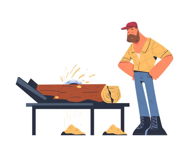 Vector illustration of Bearded Man Logger or Lumberjack in Checkered Shirt Sawing Log Vector Illustration