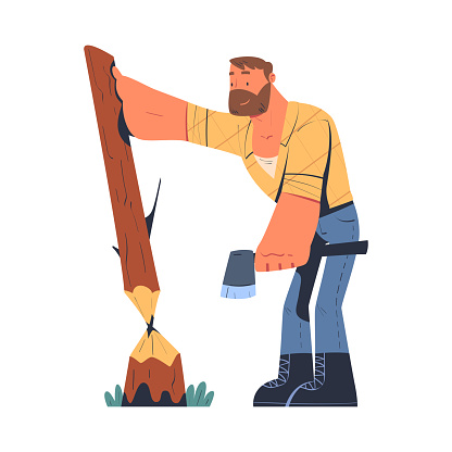 Bearded Man Logger or Lumberjack in Checkered Shirt Cutting Tree Trunk with Saw Vector Illustration. Male Worker Engaged in Wood Felling and Logging Industry