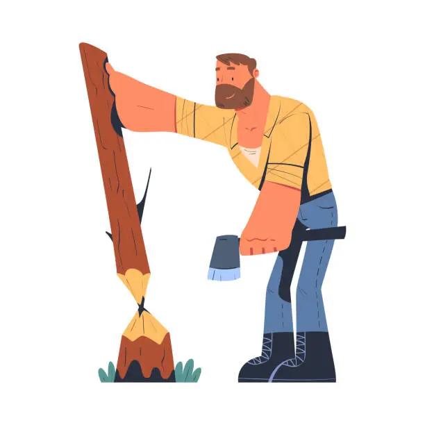 Vector illustration of Bearded Man Logger or Lumberjack in Checkered Shirt Cutting Tree Trunk with Saw Vector Illustration