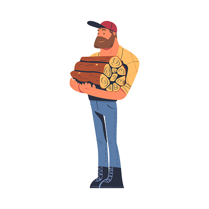 Bearded Man Logger or Lumberjack in Checkered Shirt Holding Pile of Log Vector Illustration. Male Worker Engaged in Wood Felling and Logging Industry