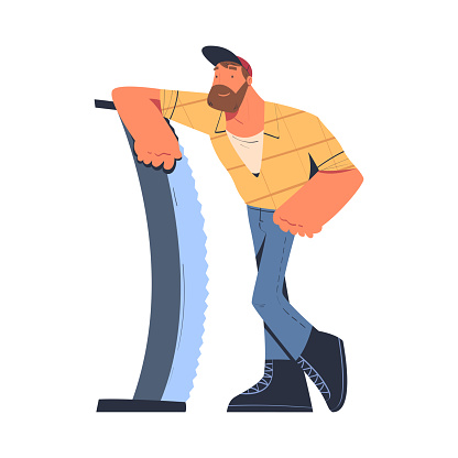 Bearded Man Logger or Lumberjack in Checkered Shirt Leaning on Saw Vector Illustration. Male Worker Engaged in Wood Felling and Logging Industry