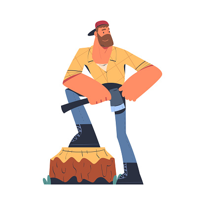 Bearded Man Logger or Lumberjack in Checkered Shirt Standing on Tree Stump with Axe Vector Illustration. Male Worker Engaged in Wood Felling and Logging Industry