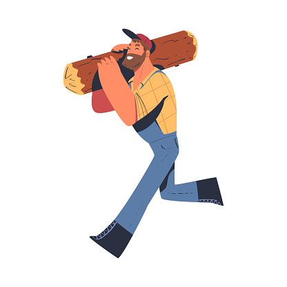 Bearded Man Logger or Lumberjack in Checkered Shirt Running with Log Vector Illustration. Male Worker Engaged in Wood Felling and Logging Industry