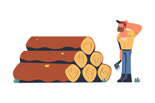 Bearded Man Logger or Lumberjack in Checkered Shirt Standing Near Log Pile with Axe Scratching Head Vector Illustration. Male Worker Engaged in Wood Felling and Logging Industry