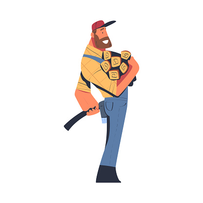 Bearded Man Logger or Lumberjack in Checkered Shirt Standing with Log and Axe Vector Illustration. Male Worker Engaged in Wood Felling and Logging Industry