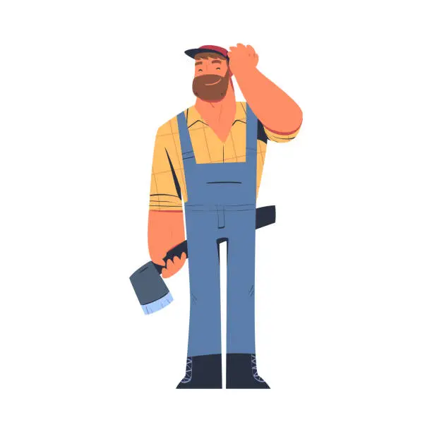 Vector illustration of Bearded Man Logger or Lumberjack in Checkered Shirt Standing with Axe Vector Illustration
