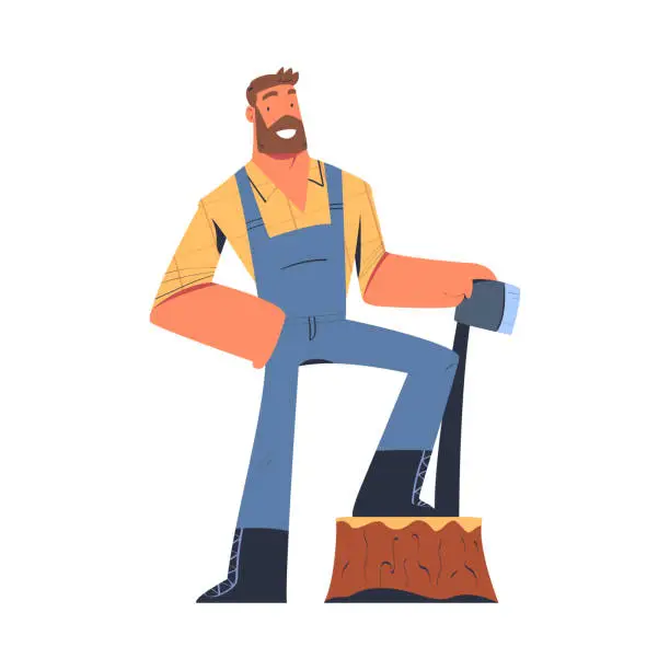 Vector illustration of Bearded Man Logger or Lumberjack in Checkered Shirt Standing on Tree Stump with Axe Vector Illustration