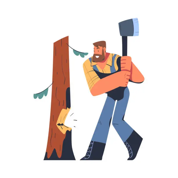 Vector illustration of Bearded Man Logger or Lumberjack in Checkered Shirt Cutting Tree Trunk with Saw Vector Illustration