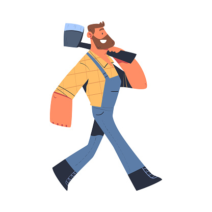 Bearded Man Logger or Lumberjack in Checkered Shirt Walking with Axe Vector Illustration. Male Worker Engaged in Wood Felling and Logging Industry