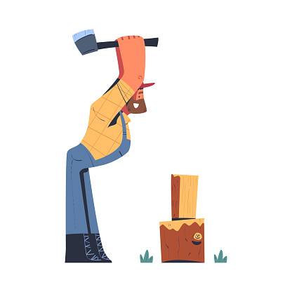 Bearded Man Logger or Lumberjack in Checkered Shirt Chopping Wood with Axe Vector Illustration. Male Worker Engaged in Wood Felling and Logging Industry