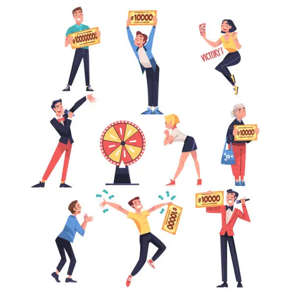 Vector illustration of Happy People Character Cheering about Lottery Winning Gaining Lump Sum Vector Illustration Set