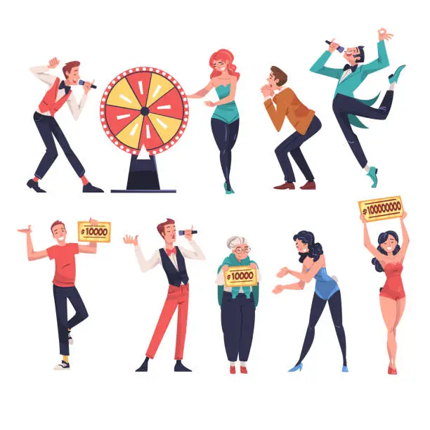 Vector illustration of Happy People Character Cheering about Lottery Winning Gaining Lump Sum Vector Illustration Set