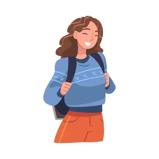 Vector illustration of Young Woman Character Engaged in Local Tourism Wearing Backpack and Hiking Vector Illustration