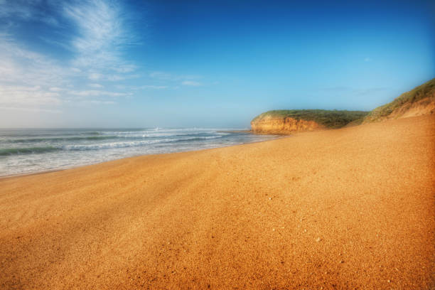 The headland and sandy beach of Bells Beach, Great Ocean Road, Victoria, Australia, venue of the Rip Curl Pro surfing contest