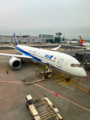 All Nippon Airways ANA airplane type Boeing 787-9 Dreamliner JA933A arrived from Tokyo parked at Frankfurt Airport on a gray winter day. Photo taken February 21st, 2024, Frankfurt, Germany.