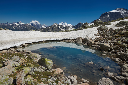 Tranquil alpine lake reflects the sky amidst snow and rocky terrain under clear blue skies