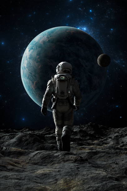 istock Astronaut strides forward on rugged terrain, massive blue planet and its moon looming in starry space. Cosmonaut walk. 3d render 2111544502