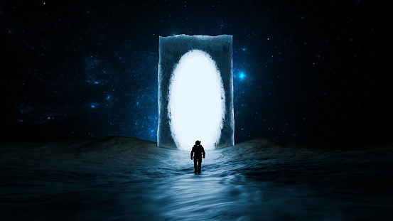 A lone astronaut stands before a luminous portal amidst a star-filled sky. 3d render