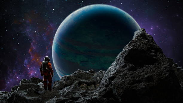 istock Astronaut stands on a craggy surface, looking out towards a vast, mysterious planet under a starry sky. 3d render 2111545013