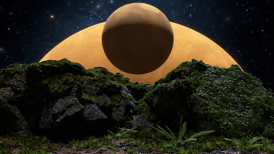 Captivating scene at night featuring verdant moss-covered rocks under a large, luminous moon. 3d render