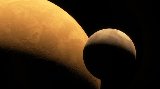 Yellow Planet and its moon in golden light, against void of space. 3d render
