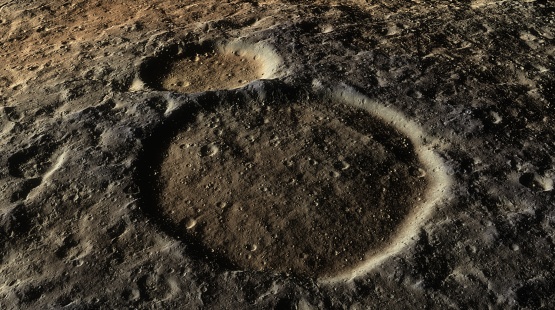 Detailed landscape cratered surface of celestial body, dramatic contrast between deep craters and rugged terrain. 3d render