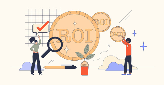 ROI return of financial investment in neubrutalism tiny person concept. Grow profit with money invest in business or stock market vector illustration. Good income performance with effective strategy.