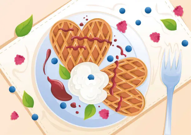 Vector illustration of Delicious waffles with creme and berries