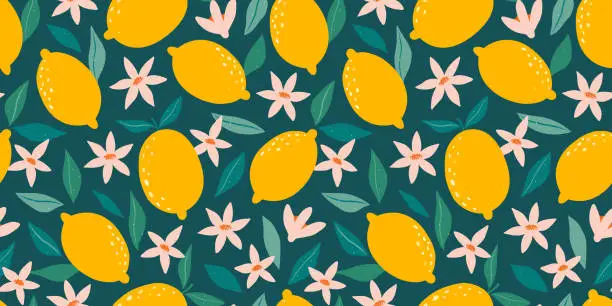 Vector illustration of Summer tropical seamless pattern with yellow lemons, leaves and flowers. Citrus fruit background. Modern trendy design for paper, cover, fabric. Vector illustration.