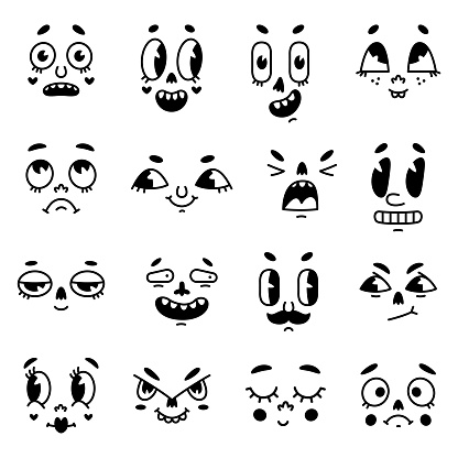 Retro Cartoon Mascot Faces with Eyes and Mouth Elements Vector Set. Vintage Comic Smiley Caricatures with Happy and Cheerful Emotions