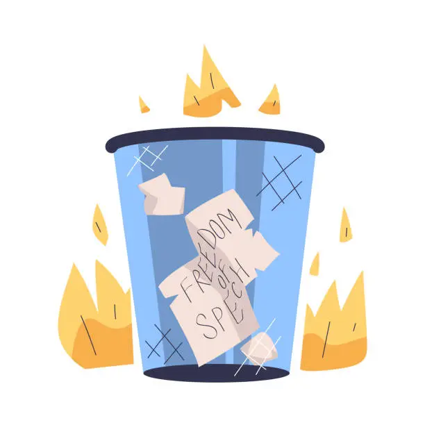 Vector illustration of Prohibition of Independent Media with Paper in Dustbin in Flame Vector Illustration