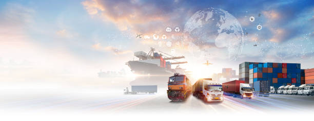 istock Global business of Container Cargo freight train for Business logistics concept, Air cargo trucking, Rail transportation and maritime shipping, Online goods orders worldwide 2111599687
