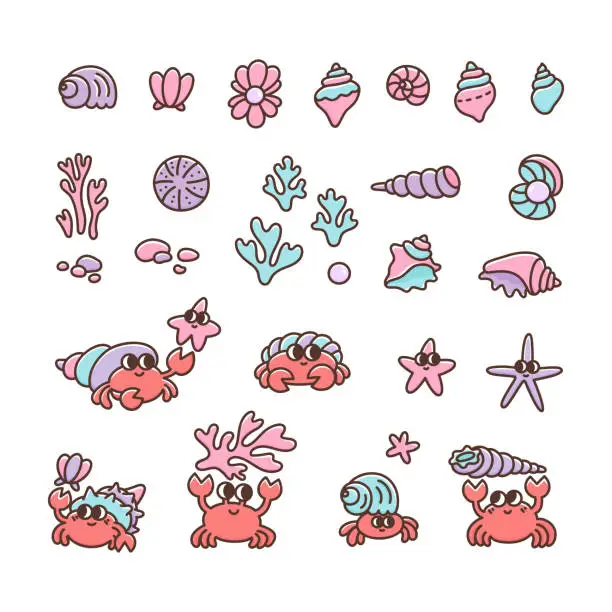 Vector illustration of Natural Set of sea or ocean life. Undersea elements funny crabs, shells, pearls, corals, pebbles, starfish. Colorful vector illustration isolated on white background