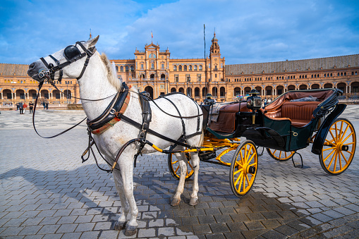 Seville Sevilla Plaza de Espana España with horse carriages in Andalusia of Spain