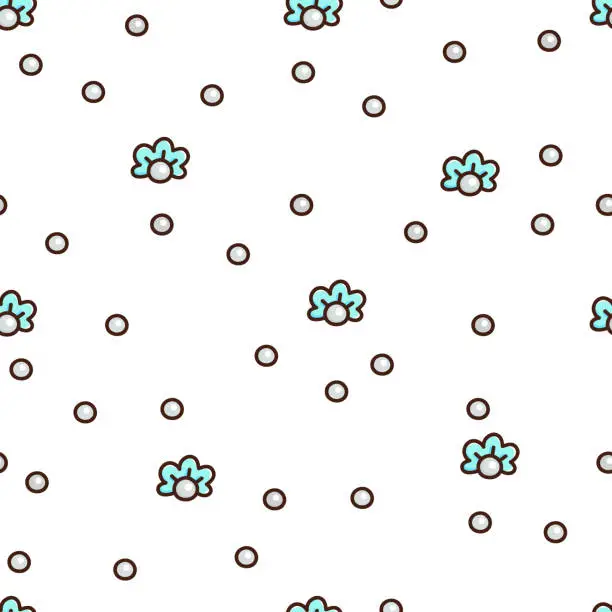 Vector illustration of Beautiful seamless pattern with sea or ocean life. Undersea backdrop with shell and pearl. Vector illustration in cute kawaii style.