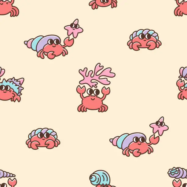 Vector illustration of Childish seamless pattern with funny sea or marine crabs on the beach. Colorful print design in kawaii cartoon style