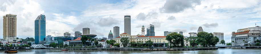 Singapore, 25 March 2024: view from Clark Quay to Old Parliament House, Asian Civilizations Museum, Fullerton hotel and Singapore River.