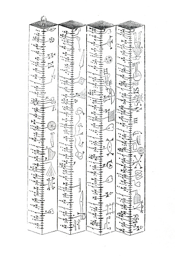 Ancient or Antique English clog almanac. Ancient british clog almanac of England. wooden calendar. hand drawn vintage engraved illustration. Antique calendar from England.