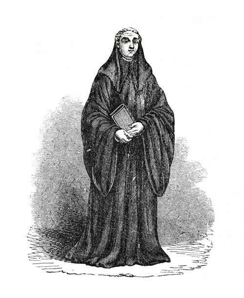 Ancient A Benedictine. A Benedictine costume.  Order of Saint Benedict. hand drawn engraved vintage illustration. Old England. Vintage. Anglo Saxon period.