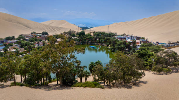 Thin landscape with oasis Huacachina in desert in Peru. Beautiful landscape, lake, dunes, desert oasis.