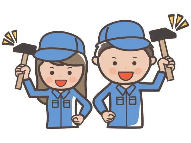 Vector illustration of Illustration of a male and female worker (cleaning worker) holding a hammer and doing a fighting pose