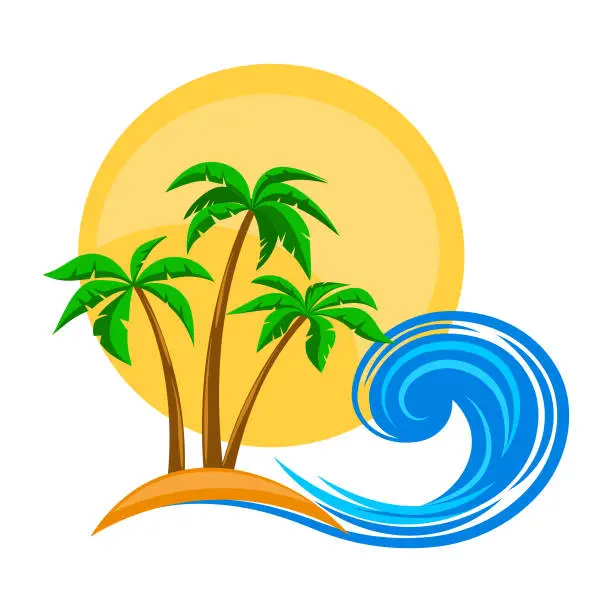 Vector illustration of Tropical island with palm trees sun and sea wave vector illustration