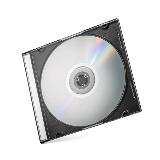 closed black plastic disc box case cd jewel with silver disk isolated on white. - slim case cd jewel ストックフォトと画像