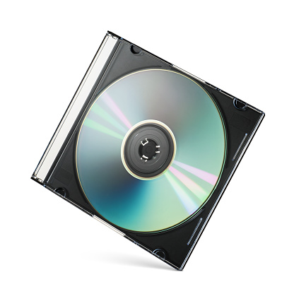 CD-R writable disk in black slim plastic box case jewel isolated on white background.