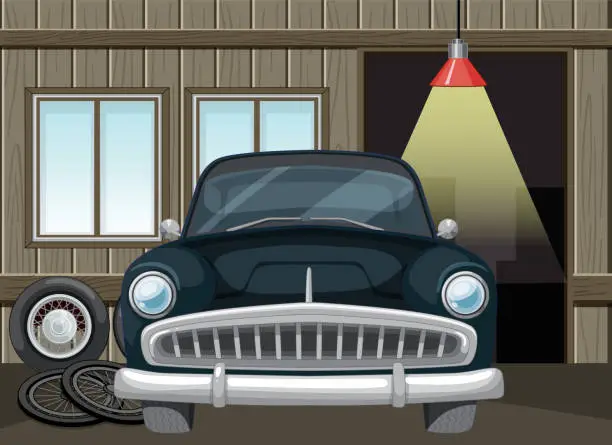 Vector illustration of Classic car under maintenance in a rustic garage